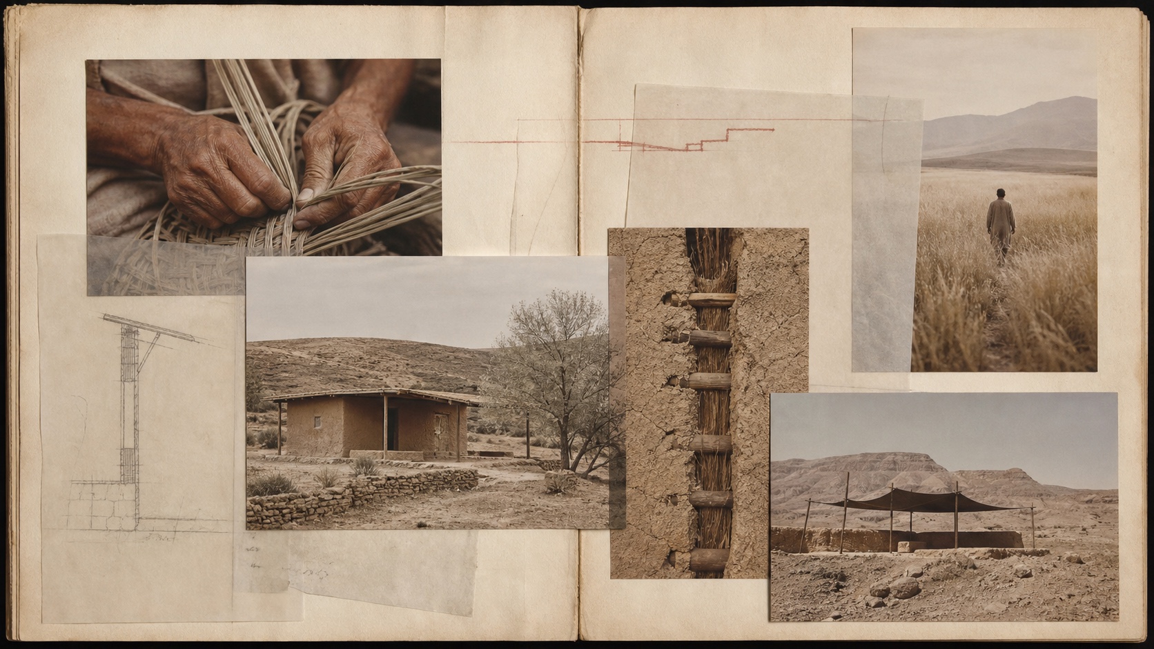 Provisional field archive of people, earthen construction, desert structures, notebook scraps and translucent drawing layers